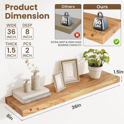 Acovy Extra Deep 36" Long Rustic Solid Wood Floating Shelves for Wall, Wall Shelves with Invisible Bracket for Living Room Bathroom Bedroom Kitchen, Set of 2, Walnut