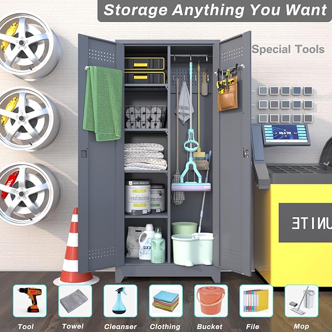 IRONFFICE Lockable Storage Cabinet,Metal Garage Storage Cabinets with Doors,Steel Utility Closet Cabinet with Adjustable Shelves,Locking Cabinet for Home,Garage,Gray