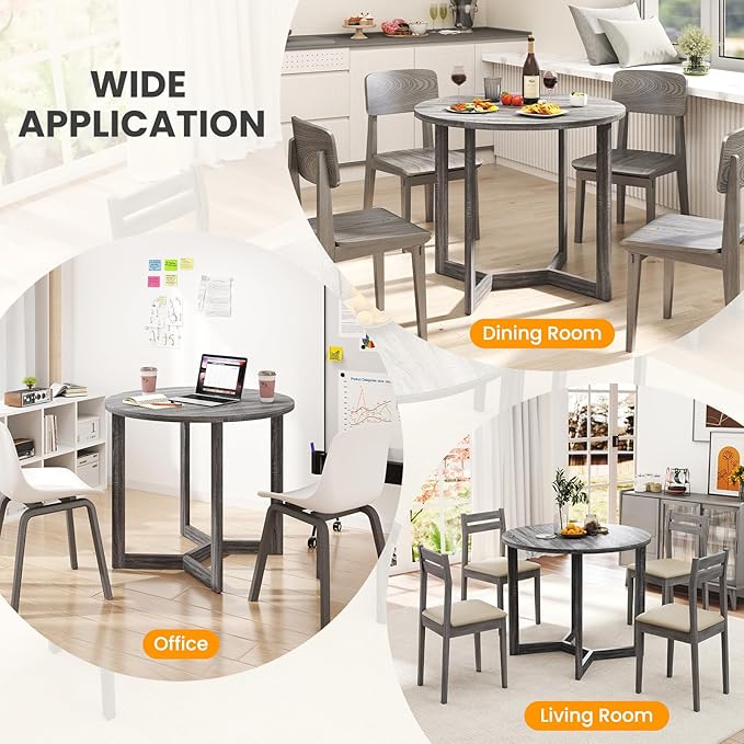 36’’ Round Dining Table, Dinner Table for 4 w/Rubber Wood Legs & Wing-Shaped Frame, Farmhouse Kitchen Table for Dining Living Room, Apartment, Bar, Restaurant, Bistro (Gray)
