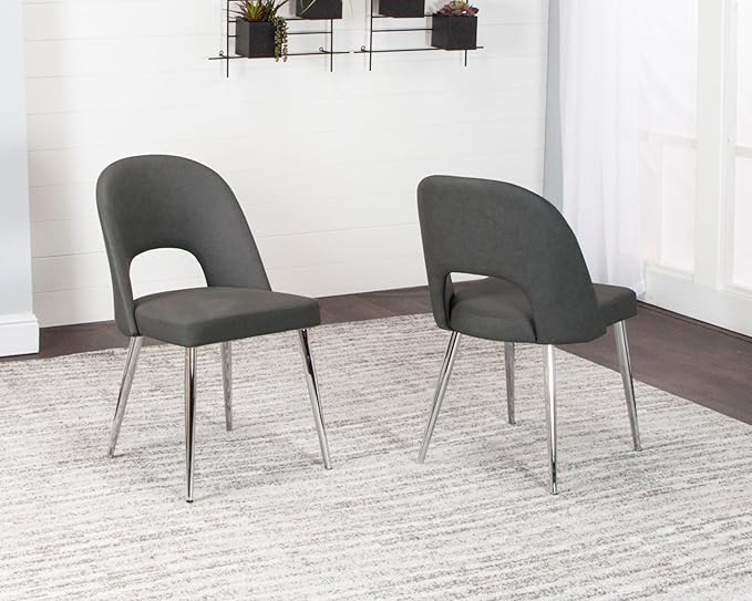 Sunset Trading Mia Faux Leather Dining Chair | Polished Chrome Silver Tapered Legs | Charcoal Gray Padded Seat with Arched Open Back | Set of 2 | Contemporary, Mid-Century Modern Kitchen Sidechairs