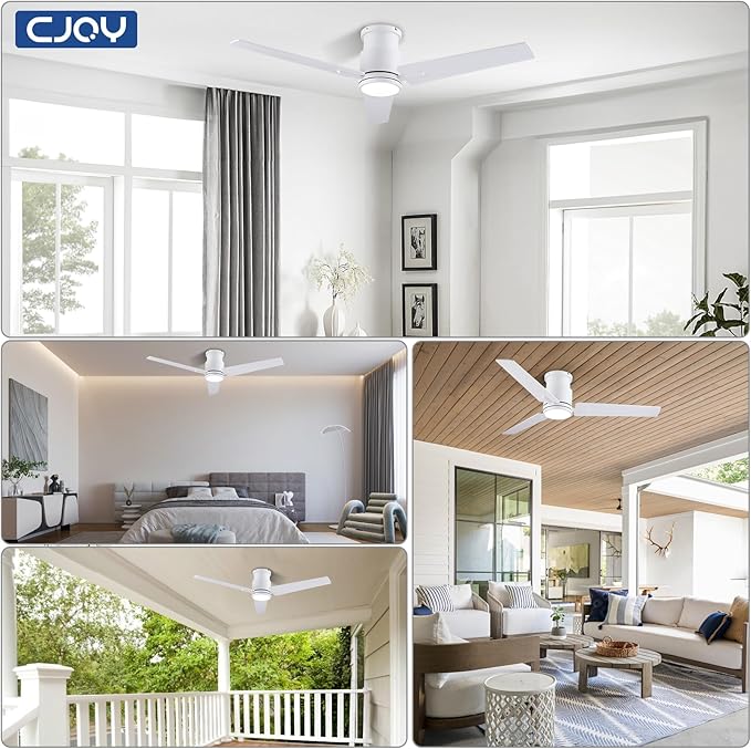 CJOY Ceiling Fan with Lights, 48 Inch Low Profile Ceiling Fans with Light and Remote, Reversible DC, Flush Mount, 3CCT，Dimmable, Modern Indoor/Outdoor Design for Bedroom, Living Room, Patio, Kitchen