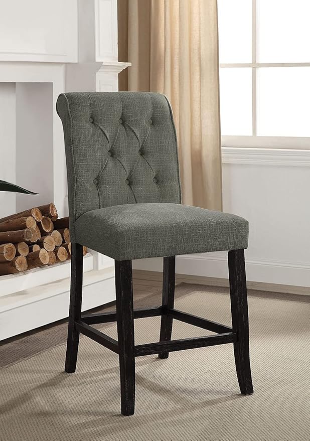 Rustic Gray Counter Height Chairs Set of 2, Chenille Upholstered Dining Chairs with Scrolled Backs for Kitchen Island