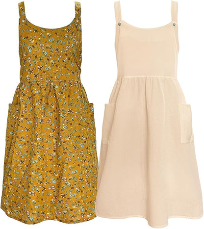 Cityelf Vintage Pinafore Apron Dress Snap Adjust Linen Cotton with Pockets Floral Aprons for Cooking Gardening
