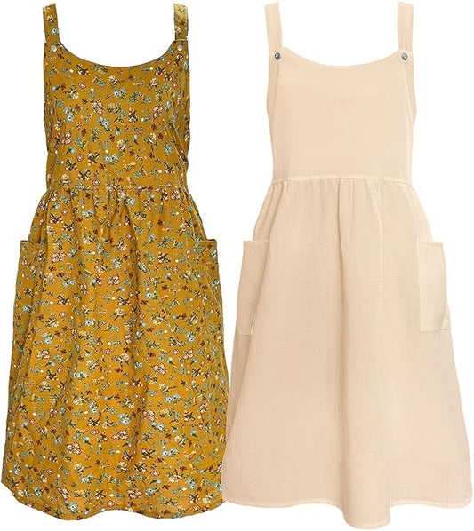 Cityelf Vintage Pinafore Apron Dress Snap Adjust Linen Cotton with Pockets Floral Aprons for Cooking Gardening