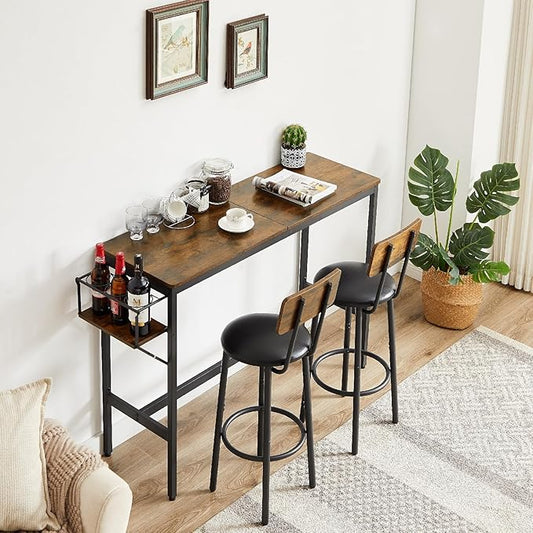Wycian Kitchen Island Table, Bar Height Outdoor Table 3PCS Particle Board Rustic Brown with Wine Bottle Storage Rack Living Room Bedroom