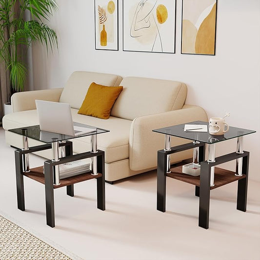 Set of 2 Glass End Table, 2-Layer Glass Living Room Table, Modern Tea Table Side Tables for Home Office Furniture