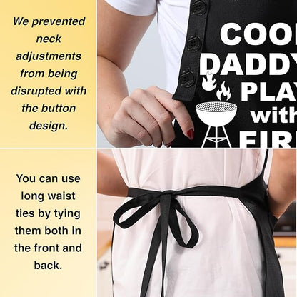 TOSHE Funny Apron Waterdrop Resistant Cotton Apron with adjustable Aprons for Women with Pockets 12 Color option Cooking (Black - Cool Daddy Play with Fire)