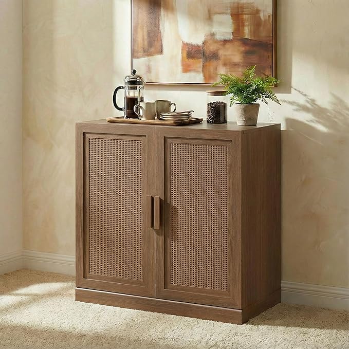 Casaphoria Adam Sideboard Buffet Cabinet with Storage, Sideboard Cabinet with Rattan Doors & Adjustable Shelves, 31" W x 31" H Coffee Bar for Entryway Kitchen Living Room, Walnut