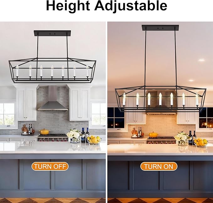 VINLUZ 7 Light Dining Room Chandelier in Black and White Finish,E12 Classic Kitchen Island Pendant Lighting Fixture Adjustable Height for Living Room Bedroom