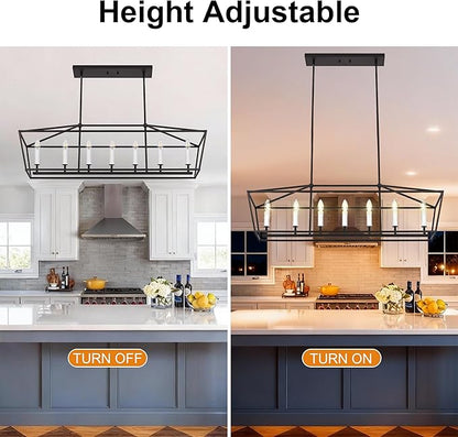 VINLUZ 7 Light Dining Room Chandelier in Black and White Finish,E12 Classic Kitchen Island Pendant Lighting Fixture Adjustable Height for Living Room Bedroom