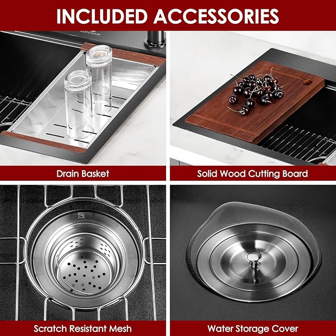 30 Inch Stainless Steel Kitchen Sink 16 Gauge Drop In Single Bowl Workstation Sink 2-Hole Top Mount Kitchen Basin with 5 Accessories (Black)