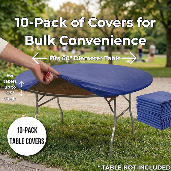 Kwik-Covers 10 Pack of Round Plastic Table Covers - 60" or 72" Round - Indoor or Outdoor Fitted Covers (Tables NOT Included) (Royal Blue, 60" Round)