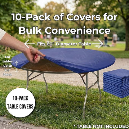 Kwik-Covers 10 Pack of Round Plastic Table Covers - 60" or 72" Round - Indoor or Outdoor Fitted Covers (Tables NOT Included) (Royal Blue, 60" Round)