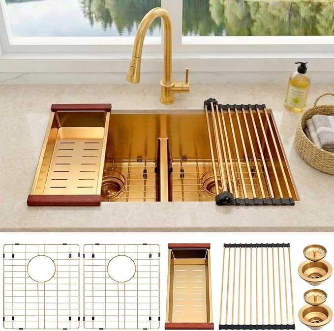 32 inch Double Bowl Kitchen Sink,Gold Undermount Kitchen Sink 32 X 18 inch,16 Gauge Stainless Steel Undermount Sinks,Special Low-Divide Design