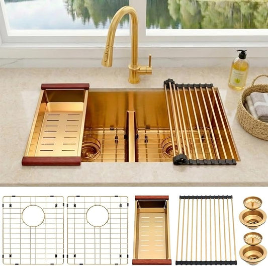 32 inch Double Bowl Kitchen Sink,Gold Undermount Kitchen Sink 32 X 18 inch,16 Gauge Stainless Steel Undermount Sinks,Special Low-Divide Design