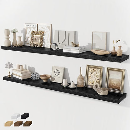 Floating Shelves for Wall, 66 Inch Floating Shelves Set of 2, Wall Mounted Rustic Wood Shelf for Bathroom, Living Room, Bedroom and Kitchen, Hanging Shelf for Storage, Books, Home Decor, Black