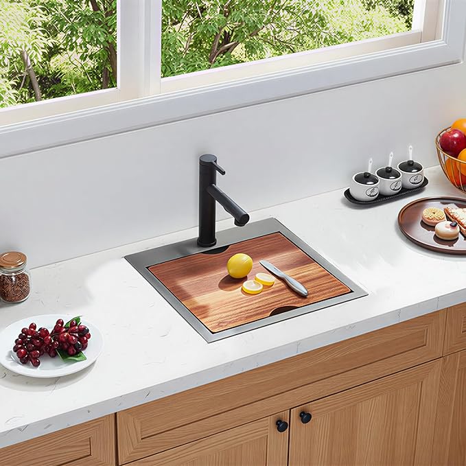 KINGO HOME 18" Drop in Workstation Bar Sink, 18" x 18" x 9" Single Bowl Small Kitchen Camper Sink,304 Stainless Steel Topmount Outdoor Wet Bar Sinks Prep Sinks