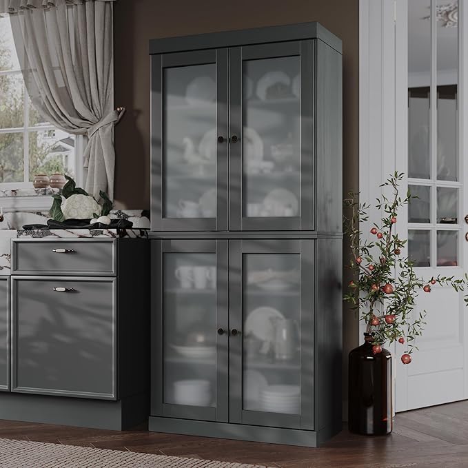 Palace Imports 100% Solid Wood Kitchen Pantry w/ 4 Frosted Glass Doors, Gray, 32" w x 71.5" h, Renewable Eco-Friendly Wood, Made in Brazil