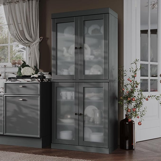 Palace Imports 100% Solid Wood Kitchen Pantry w/ 4 Frosted Glass Doors, Gray, 32" w x 71.5" h, Renewable Eco-Friendly Wood, Made in Brazil