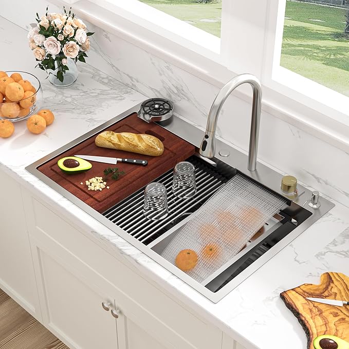 Sarlai 30 Inch Waterfall Kitchen Sink Drop In - 30x22 Waterfall Drop Workstation Stainless Steel 16 Gauge Multifunction Single Bowl Smart Top Mount Kitchen Sink with Faucet Combo