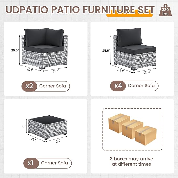 UDPATIO Outdoor Patio Furniture Set, 7 Piece PE Wicker Sectional Sofa with Tea Table, Outdoor Conversation Set with Waterproof Cover for Patio, Garden, Backyard (Black Cushions with Grey Rattan)