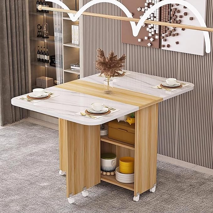 Wooden Folding Dining Table with Drop Leaf, Space-Saving Kitchen Island Table with Wheels, Hidden Storage(White Yellow,55.1inch)