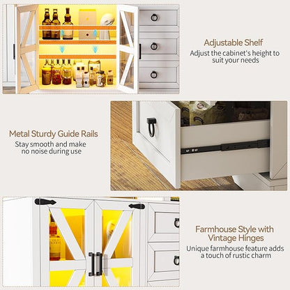 HNEBC LED Farmhouse Sideboard Buffet Cabinet with Storage, Wood Coffee Bar Station Table w/Charging Station, Large Kitchen Storage Cabinet w/Adjustable Shelf and 3 Drawers for Dining Room (White)