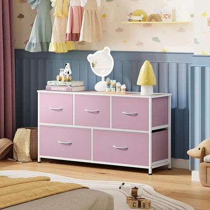WLIVE Dresser for Bedroom with 5 Drawers, Wide Chest of Drawers, Fabric Dresser, Storage Organizer Unit with Fabric Bins for Closet, Living Room, Hallway,A-Pink
