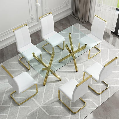 71” Rectangle Dining Table, Large Modern Dining Table for 6–8 People with 0.4" Thickened Tempered Glass Top, Glass Kitchen Table with Gold Metal Legs for Dining Room