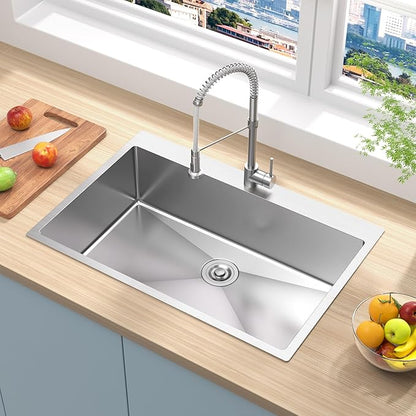 33x22 Drop In Kitchen Sink, 18 Gauge T304 Stainless Steel Top Mount Single Bowl, 9 Inch Deep Basin with Bottom Grid & Drain Assembly, Rust-Proof Brushed Nickel