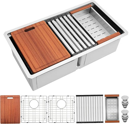 30 Inch Sink Undermount Double Bowl, 16 Gauge 50/50 Double Bowl Stainless Steel Workstation Sink, 30"x18"x10" Large and Deep Kitchen Sink With Accessories