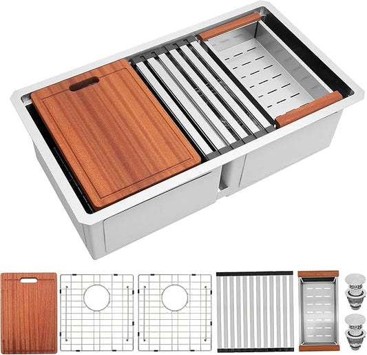 30 Inch Sink Undermount Double Bowl, 16 Gauge 50/50 Double Bowl Stainless Steel Workstation Sink, 30"x18"x10" Large and Deep Kitchen Sink With Accessories