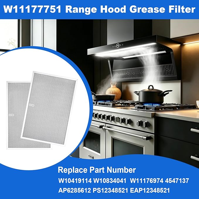 2PCS W11177751 W10419114 Aluminum Grease Range Hood Filters Compatible With Whirlpool, Replaces W10834041 W11176974 4547137 AP6285612 PS12348521 EAP12348521