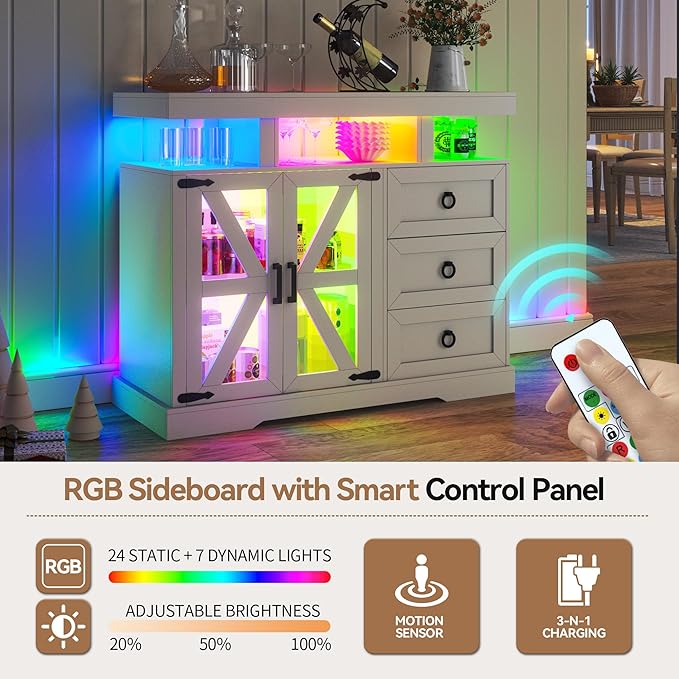 HNEBC LED Farmhouse Sideboard Buffet Cabinet with Storage, Wood Coffee Bar Station Table w/Charging Station, Large Kitchen Storage Cabinet w/Adjustable Shelf and 3 Drawers for Dining Room (White)