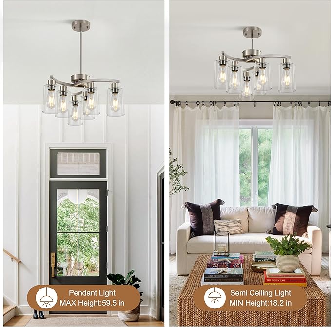 Sigaitwei 6 Light Farmhouse Brushed Nickel Chandelier,21.7" Modern Chandeliers for Dining Room Light Fixtures Over Table,Pendant Lights Kitchen Island,Metal Bracket with Downward Clear Glass Shade