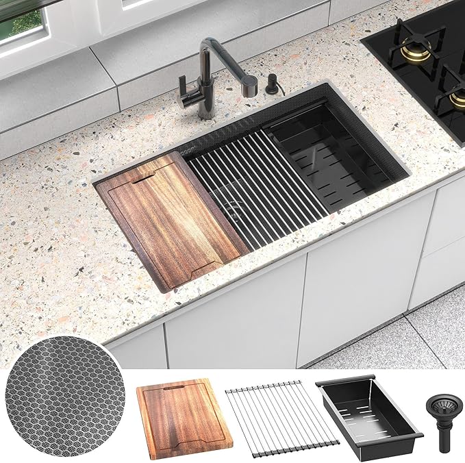 33inch Undermount Kitchen Sink Metal Black - Feibus 33x19x10 with Double Step Workstation 16 Gauge Honeycomb Embossment Stainless Steel Single Bowl