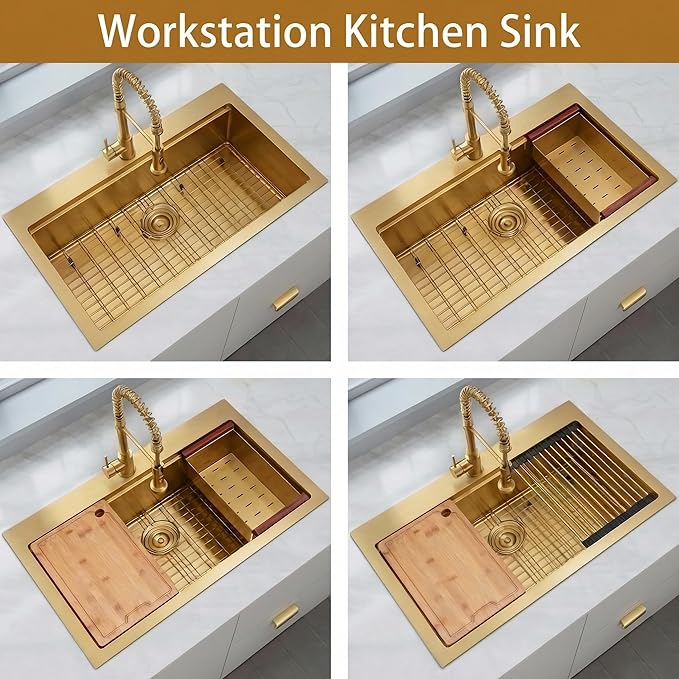 Gold Kitchen Sink, 33" x 22" Drop In Kitchen Sink,16 Gauge Stainless Steel All In One Workstation Sink with Ledge & Accessories, 33" x 22" x 10" Large and Deep Top Mount Kitchen Sinks