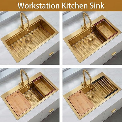 Gold Kitchen Sink, 33" x 22" Drop In Kitchen Sink,16 Gauge Stainless Steel All In One Workstation Sink with Ledge & Accessories, 33" x 22" x 10" Large and Deep Top Mount Kitchen Sinks