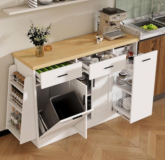 Multi-Functional Storage Sideboard with Sliding Door Cabinet, 3-Tier Spice Rack, Drawers, Trash Can Storage, Wood Kitchen Island Table for Kitchen, Dining Room (White//5c)
