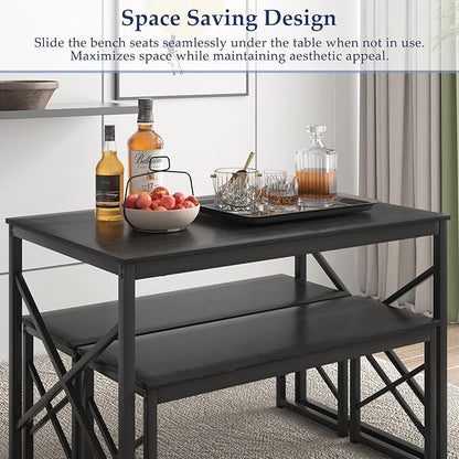 VECELO Kitchen Dining Table Benches Set for 4, 43.3" Wooden Dinette with 2 Benches, Heavy-Duty Dining Room Table for Small Space, Breakfast Nook, Black