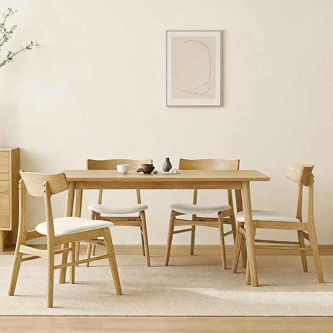 KISLOT Wooden Dining Chairs Set of 4, Upholstered Modern Dining Room Chairs, Mid Century Oak Kitchen Chairs with Curved Wood Backrest for Kitchen, Restaurant, Farmhouse (Cream Fabric & Original Color)