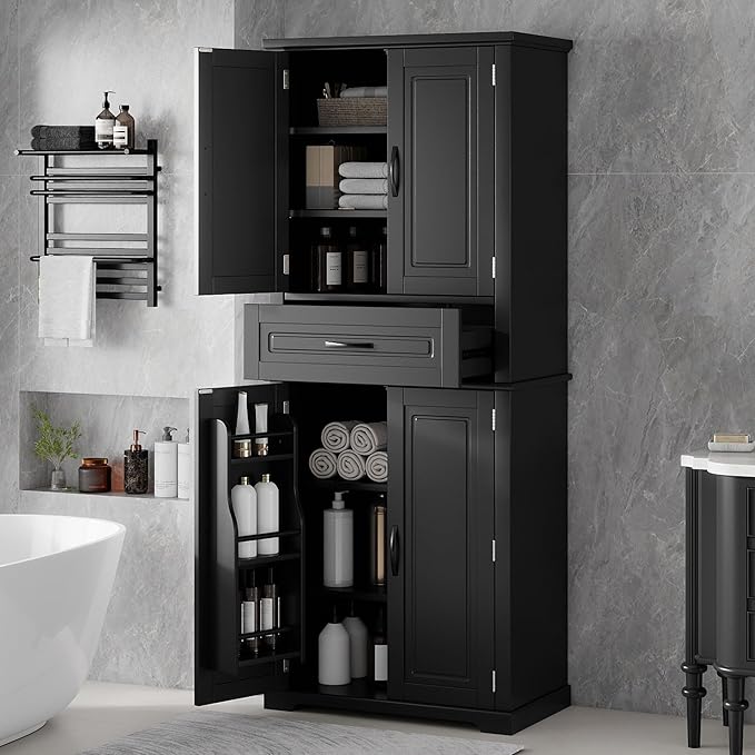 Merax 72" Tall Kitchen Pantry Storage Cabinet, Farmhouse Freestanding Large Cupboard with One Drawer, Bathroom Cabinet with Adjustable Shelves, 6 Door-Shelf for Dining Room, Black