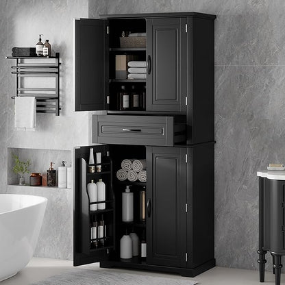 Merax 72" Tall Kitchen Pantry Storage Cabinet, Farmhouse Freestanding Large Cupboard with One Drawer, Bathroom Cabinet with Adjustable Shelves, 6 Door-Shelf for Dining Room, Black