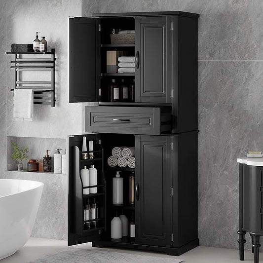 Merax 72" Tall Kitchen Pantry Storage Cabinet, Farmhouse Freestanding Large Cupboard with One Drawer, Bathroom Cabinet with Adjustable Shelves, 6 Door-Shelf for Dining Room, Black