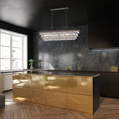 Edvivi Rectangular Linear Crystal Chandelier 40 in. W, 6 Lights Luxury Glam Adjustable Ceiling Lighting Fixture with 4 Rows of Teardrop Crystals for Living Dining Room Kitchen Island, Antique Bronze