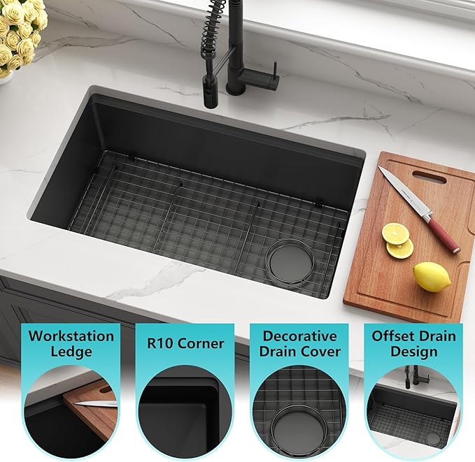 Kitsitchen Black Undermount Kitchen Sink, 16 Gauge T-304SS Stainless Steel Workstation Sinks with Accessories,30" X 18"X 10" Large and Deep Single Bowl Kitchen Sinks with Offset Drain Design