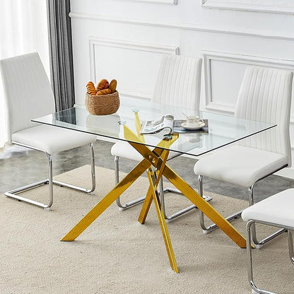 Dining Table with Tempered Glass Top, Modern Glass Dining Room Table Rectangle, Gold Geometric Metal Leg, Kitchen Table 51" L x 29.5" W x 30" H, Gold