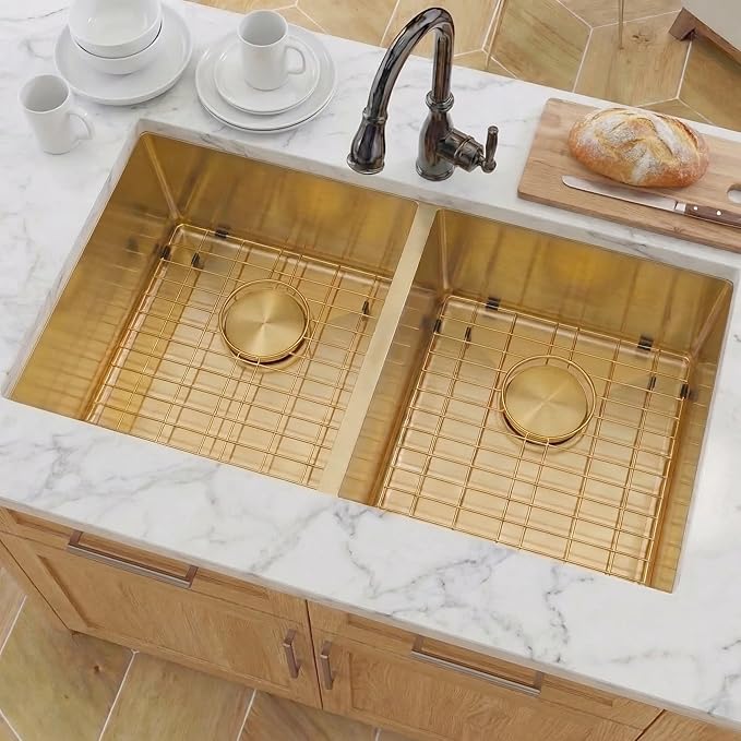 LQS Gold Kitchen Sink, 32 Inch Kitchen Sink Gold Double Bowl, Undermount Kitchen Sink 16 Gauge Stainless Steel with Golden Accessories, Modern Style