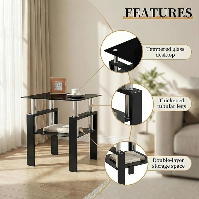 IANIYA Modern Glass Side Table, 2-Tier End Table with Tempered Glass Top & Metal Legs, Night Stand Corner Small Table for Living Room, Bedroom, Small Space All Black