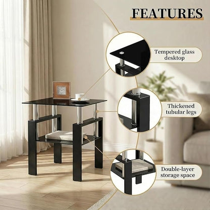 IANIYA Modern Glass Side Table, 2-Tier End Table with Tempered Glass Top & Metal Legs, Night Stand Corner Small Table for Living Room, Bedroom, Small Space All Black